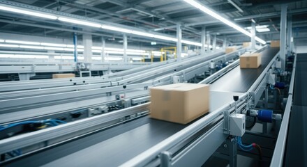 Freight management scene featuring box seamlessly moving on automated sorting conveyor.