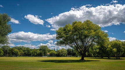 Fototapeta premium Lush green field dominated by a large tree under a vibrant blue sky with fluffy white clouds