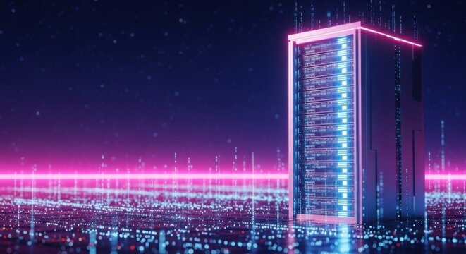 Futuristic Data Center Server Tower with Neon Lights in Cyber Theme