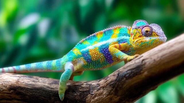 Cinematic pan of a chameleon blending into lush rainforest foliage, vivid and realistic footage for environmental storytelling, adaptation awareness, or nature documentaries.
