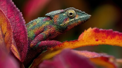 Colorful chameleon on vibrant leaves