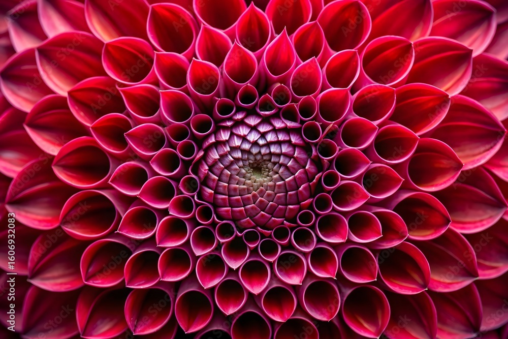 Poster an intricate macro view of a vibrant red dahlia flower, revealing its complex geometric pattern of d