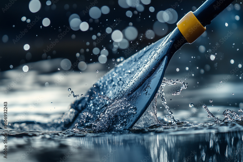 Poster kayak paddle blade creating splashes while slicing through calm water on a sunny day in the lake
