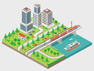 Isometric Modern City with River, Bridges, and Transport Infrastructure