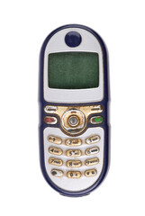 Classic mobile phone from the early 2000s with simple design isolated on white background.