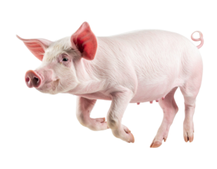 Pig running on transparent background: full body shot of sus domesticus in motion