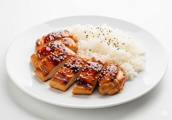 Chicken teriyaki with rice on a Plate on white background