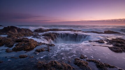 Obraz premium Coastal landscape featuring a natural circular hole in rocks with water flowing at dawn