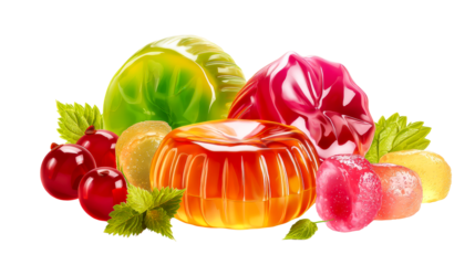 Colorful jelly candies arranged with fresh mint leaves