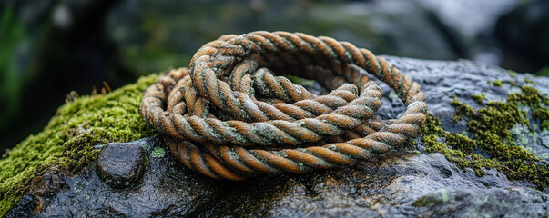 Worn rock climbing rope coiled on damp mossy rock by the riverbank during early morning light