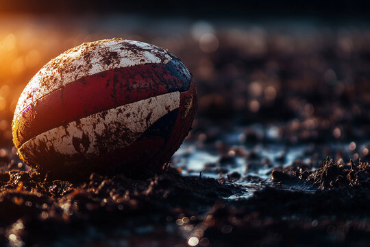 Mud covered rugby ball resting on wet ground with side light illuminating the leather details during a late afternoon match