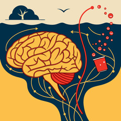 Conceptual vector illustration of brain and microplastics contamination in human health