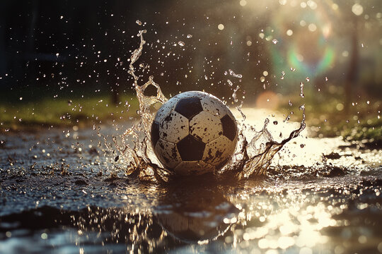 Football splashes into muddy puddle during outdoor playtime at sunset in a park