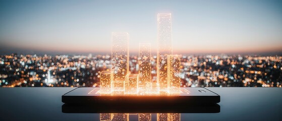 A glowing orange holographic cityscape emerging from a sleek smartphone placed on a dark surface, AI Generated