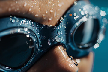 Close up view of swimmers goggles covered in water droplets during a competitive swim session at an indoor pool