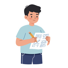 student studying with worksheet and pencil looking content indoors  