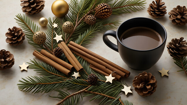 Cozy christmas morning with hot chocolate cinnamon sticks and pine cones