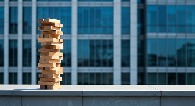 Wooden Jenga tower on a shiny office floor with glass walls and modern city view, symbolizing risk, balance, and business strategy.