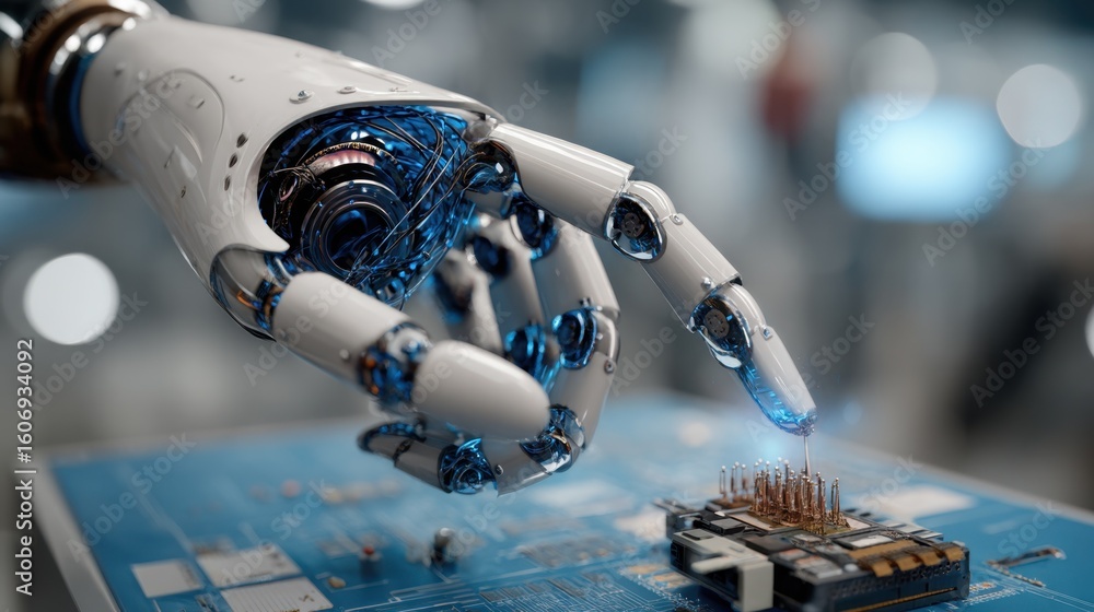 Poster robotic arm with advanced technology is meticulously assembling a microchip on a circuit board, show