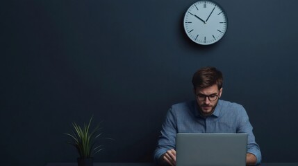 Young businessman concentrating on working with his laptop at night in the office, under pressure to meet deadlines and manage time effectively, potentially experiencing stress