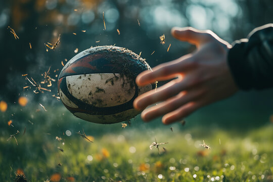 Rugby ball spins gracefully through the air as a player prepares to throw it on the green field during a sunny afternoon