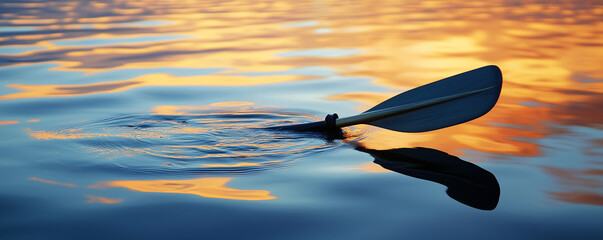 Oar blade submerged in calm water at sunset reflecting warm hues and enhancing the beauty of natures evening palette