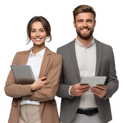 A young man and woman in business attire holding tablets, smiling at the camera against a transparent background