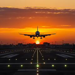 Airplane Landing Sunset - Aircraft Silhouette on Runway, Orange Sky, Transportation, Travel, Aviation at Dusk