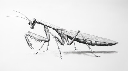Detailed grayscale drawing of a praying mantis