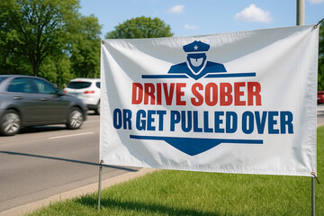 White Roadside Banner Saying “Drive Sober or Get Pulled Over” with Red and Blue Text