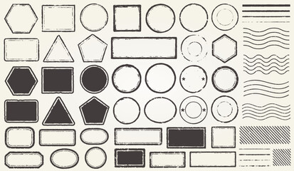 Retro Grunge postage Stamps frames vector shape set. Black postal round and square empty stamp border pack. Blank post Stamp template grunge ink rubber labels collection. Vector image isolated