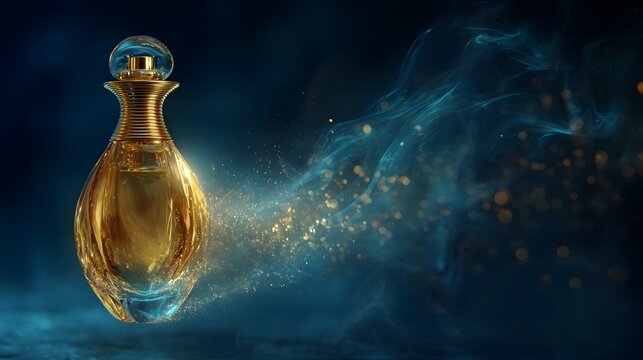 The golden perfume bottle is suspended in the air, the bottle cap is slightly lifted, and the golden mist fills the deep blue space, luxurious style, movie-like mist effect, shining with light.