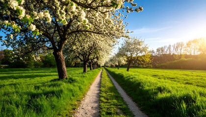 Spring blossoms line a rural pathway