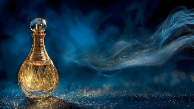 The golden perfume bottle is suspended in the air, the bottle cap is slightly lifted, and the golden mist fills the deep blue space, luxurious style, movie-like mist effect, shining with light.