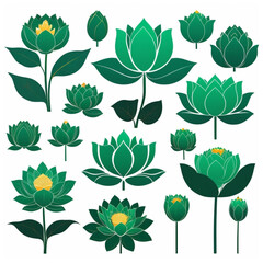 Naklejka premium Vector green lotus icons set on white background. Lotus plant. Lotus flower 