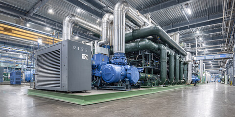 Industrial Chiller System Efficient Cooling, Modern Facility, HVAC Machinery and Innovation.