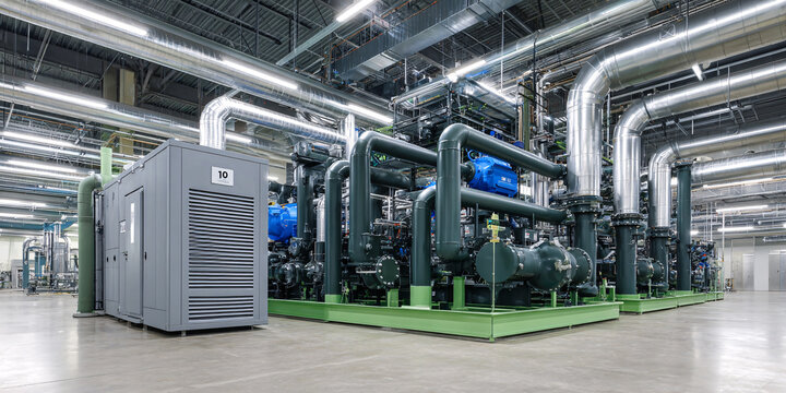 Modern industrial plant interior featuring heavy machinery with a complex system of pipes and pumps