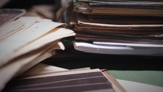 Untidy piles of historical documents on moody lit research desk scene