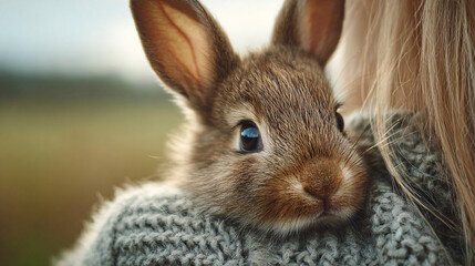 Adorable Rabbit Cuddled in Knitted Sweater A Heartwarming Moment of Affection and Comfort