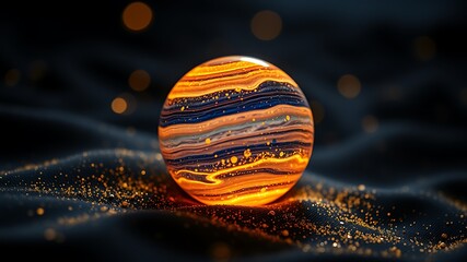 Glowing orb with swirling orange blue and gold patterns on dark fabric image