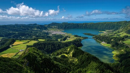 A stunning aerial view showcasing serene, vibrant green lakes nestled within a volcanic caldera