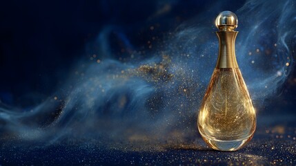 The golden perfume bottle is suspended in the air, the bottle cap is slightly lifted, and the golden mist fills the deep blue space, luxurious style, movie-like mist effect, shining with light.