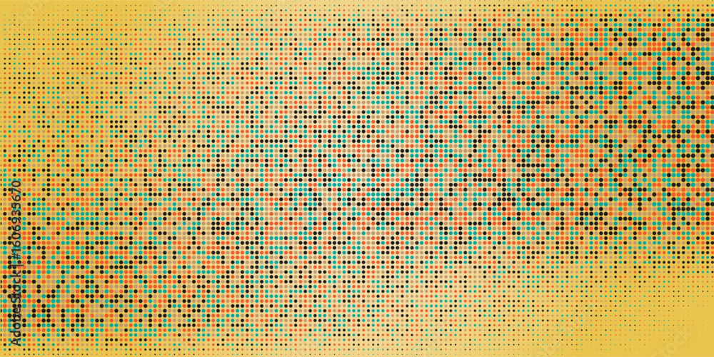 Poster colorful halftone dot pattern background with warm orange and yellow tones blended with teal and bla