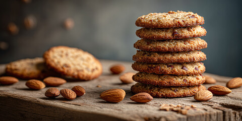 Delicious Almond Cookies Stacked on Rustic Wooden Surface, Perfect Homemade Treat Delightful Snack