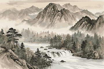 Hushed Vale Quiet river valley scenery isolated watercolor vector illustration svg
