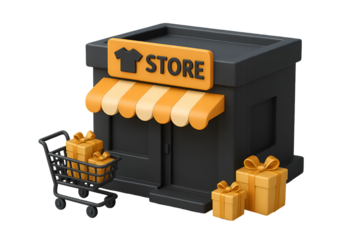 Vibrant store facade with shopping cart filled with gifts and festive presents, perfect for seasonal sales and retail promotions.