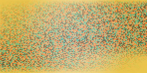 Colorful halftone dot pattern background with warm orange and yellow tones blended with teal and black dots in a retro abstract style.