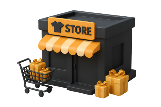 Vibrant store facade with shopping cart filled with gifts and festive presents, perfect for seasonal sales and retail promotions.