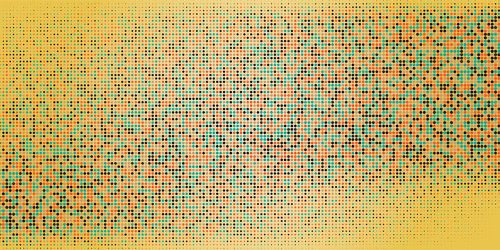 Colorful halftone dot pattern background with warm orange and yellow tones blended with teal and black dots in a retro abstract style.