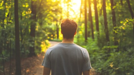 Young man walking in a forest during a sunny day, finding stress relief and managing anger with the help of therapy, improving his time management and escaping deadlines